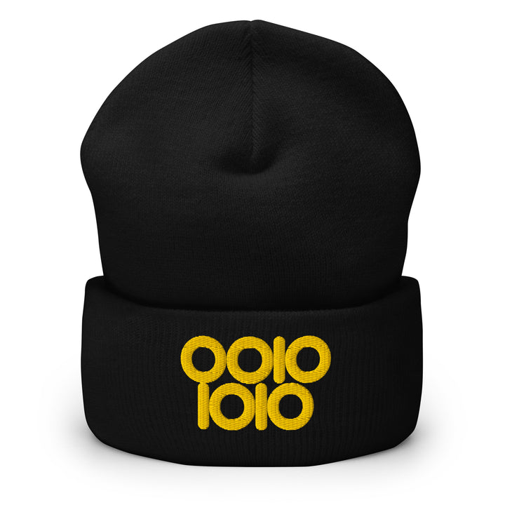 Black beanie embroidered with “0010 1010” in gold thread, representing 42 in binary using ring-style zeros.