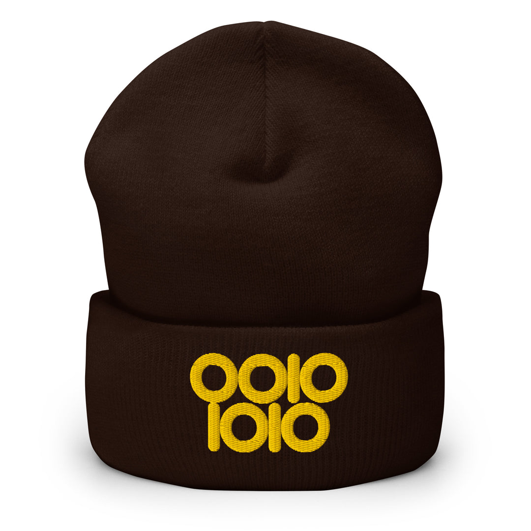 Brown beanie embroidered with “0010 1010” in gold thread, symbolizing 42 in binary with rounded ring zeros.