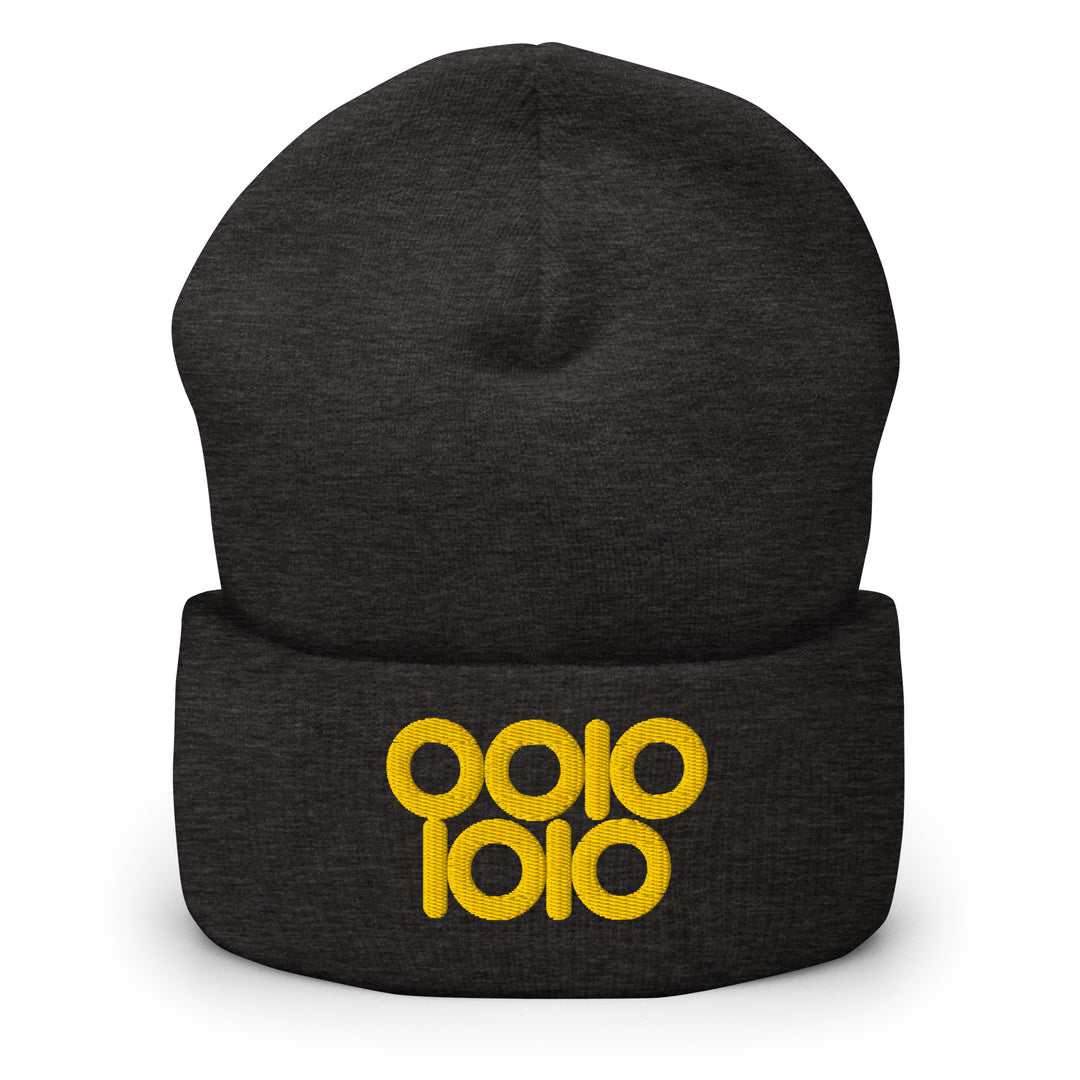 Charcoal gray beanie featuring a gold embroidered “0010 1010” binary 42 design with circular ring-style zeros.