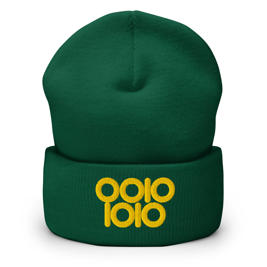Green beanie embroidered with “0010 1010” in gold thread, representing 42 in binary with ring-style zeros.