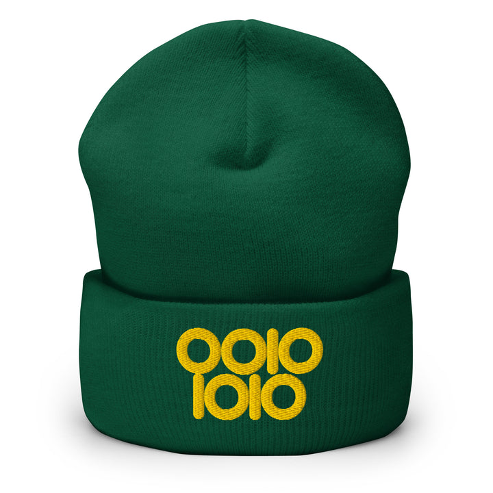 Green beanie embroidered with “0010 1010” in gold thread, representing 42 in binary with ring-style zeros.