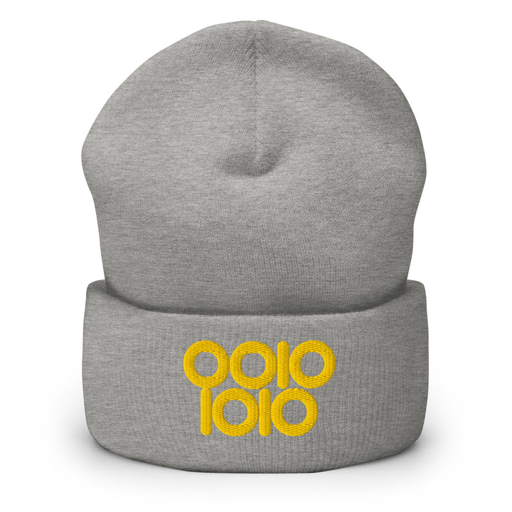 Heather grey beanie featuring a gold embroidered “0010 1010” binary 42 design with rounded ring zeros.