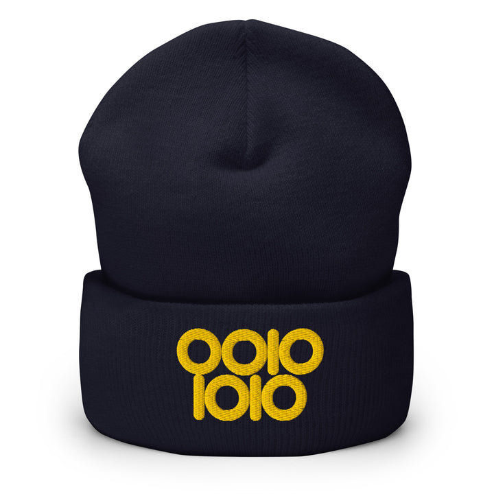 Navy blue beanie embroidered with “0010 1010” in gold thread, a binary 42 design with rounded ring zeros.