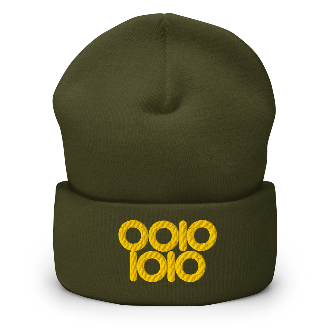 Olive green beanie embroidered with “0010 1010” in gold thread, representing 42 in binary with circular ring zeros.