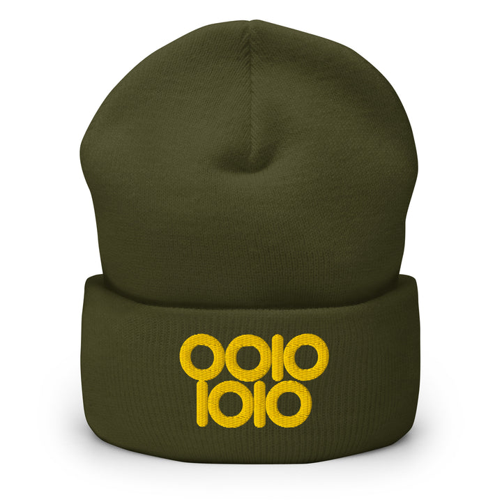 Olive green beanie embroidered with “0010 1010” in gold thread, representing 42 in binary with circular ring zeros.