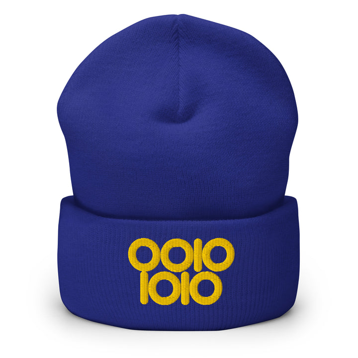 Royal blue beanie embroidered with “0010 1010” in gold thread, symbolizing 42 in binary with rounded ring zeros.