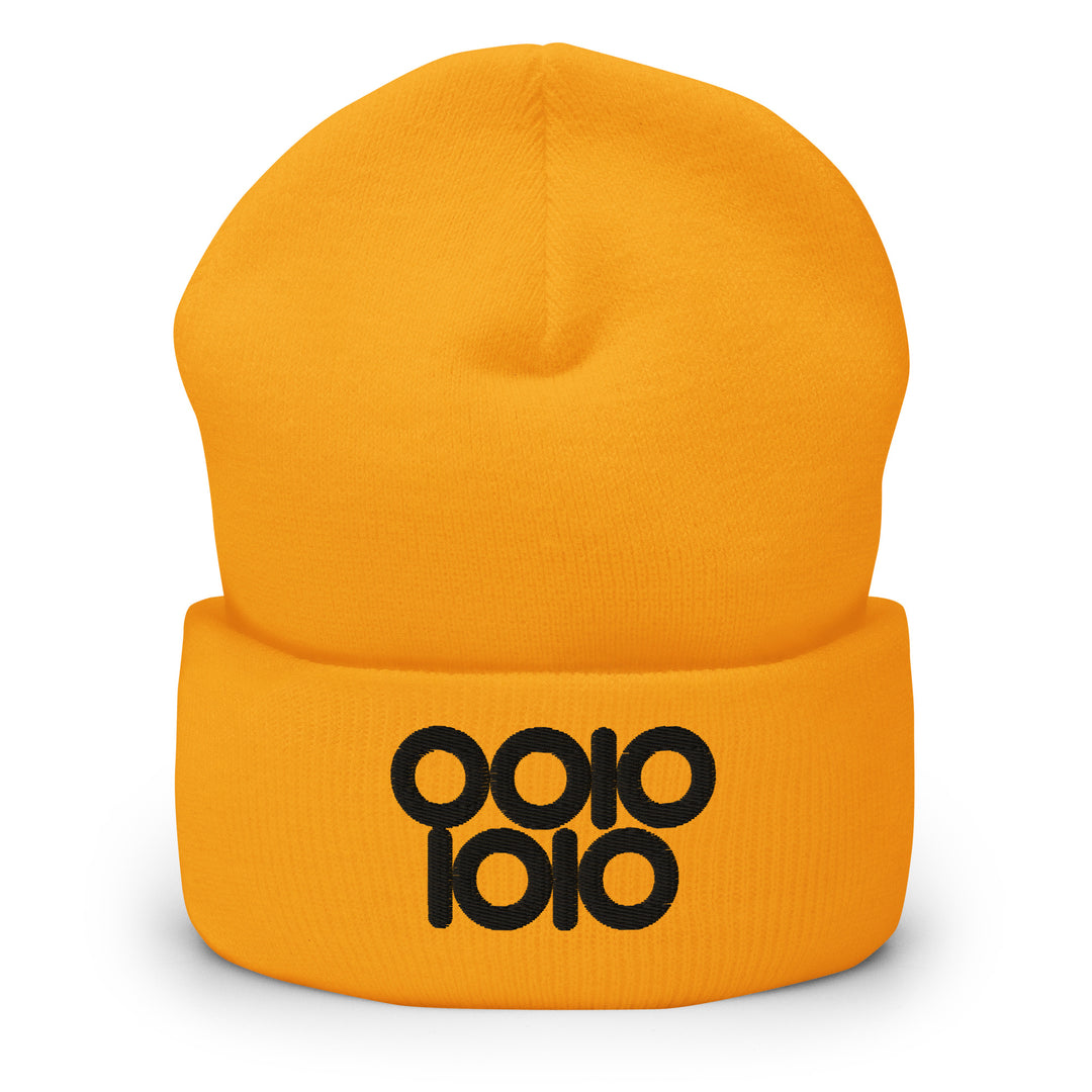 Yellow beanie embroidered with “0010 1010” in black thread, representing 42 in binary with circular ring zeros.