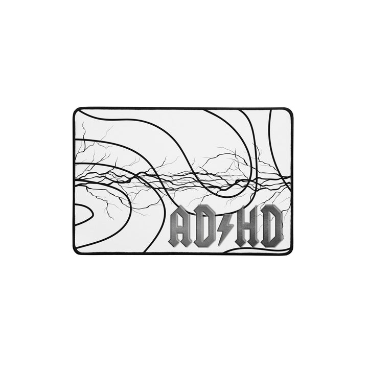 White AD/HD High Voltage desk mat featuring an electric lightning pattern and gold logo, designed for gaming, coding, and high-energy workspaces.
