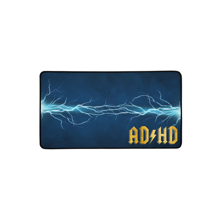 Blue AD/HD High Voltage desk mat featuring an electric lightning pattern and gold logo, designed for gaming, coding, and high-energy workspaces.