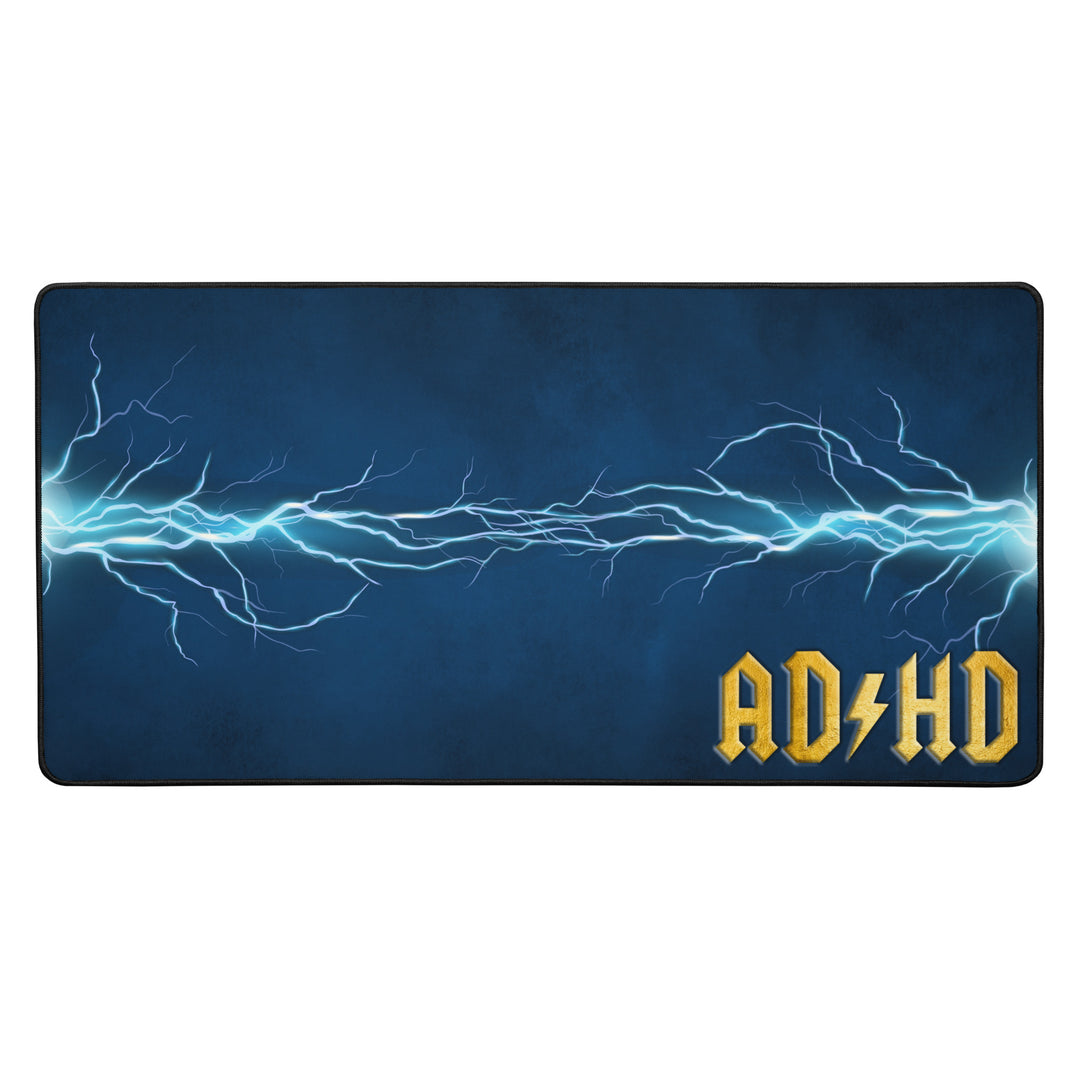 Blue AD/HD High Voltage desk mat featuring an electric lightning pattern and gold logo, designed for gaming, coding, and high-energy workspaces.