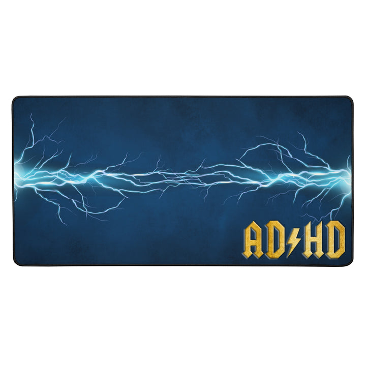 Blue AD/HD High Voltage desk mat featuring an electric lightning pattern and gold logo, designed for gaming, coding, and high-energy workspaces.