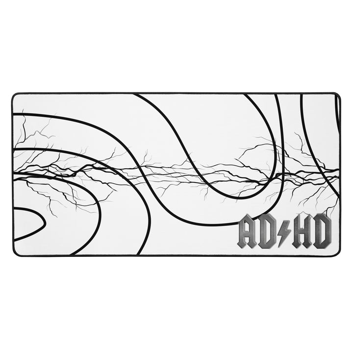 White AD/HD High Voltage desk mat featuring an electric lightning pattern and gold logo, designed for gaming, coding, and high-energy workspaces.