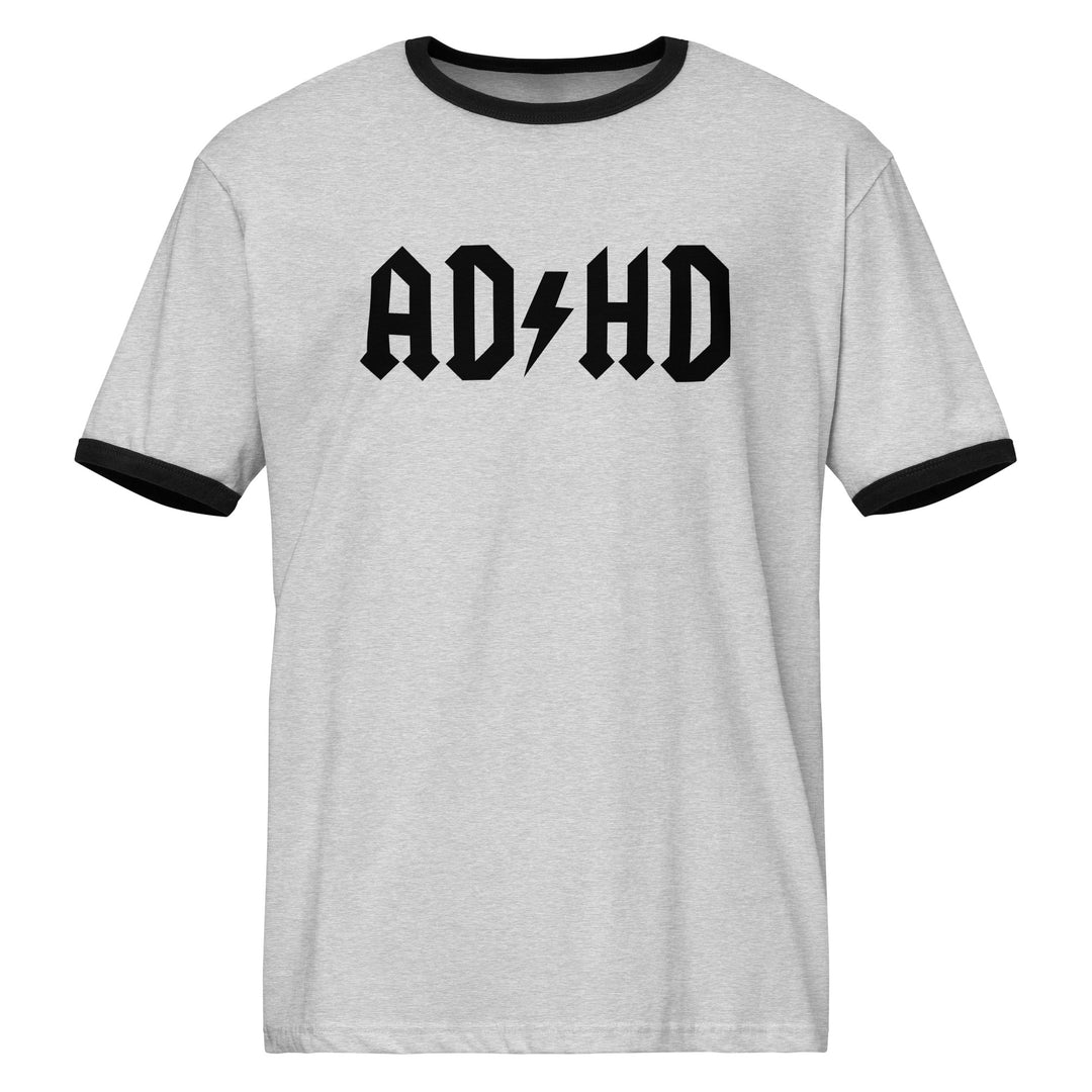 Heather gray and black unisex ringer t-shirt featuring the AD/HD High Voltage lightning logo in a bold, rock-inspired design.
