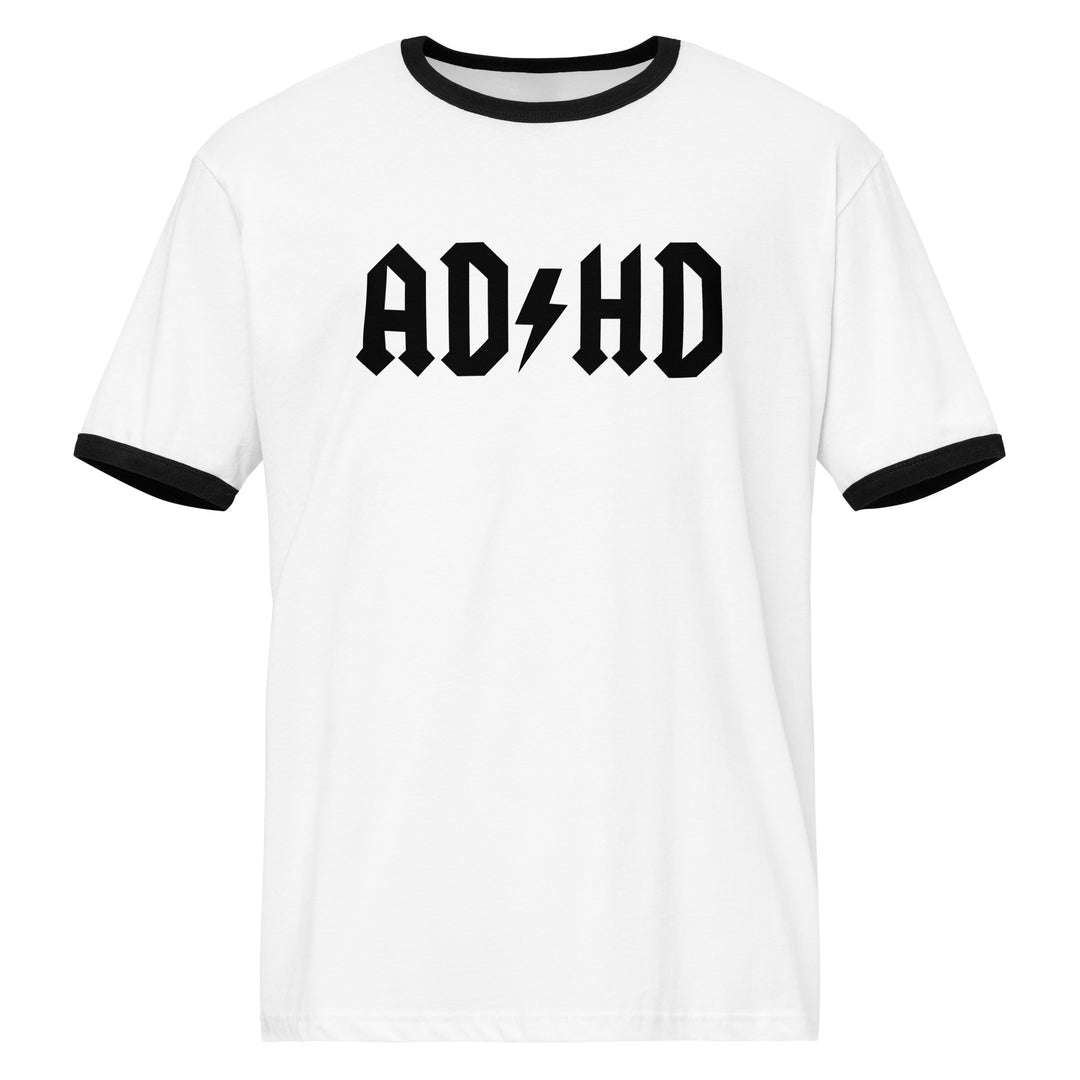 White and black unisex ringer t-shirt featuring the AD/HD High Voltage lightning logo in a bold, rock-inspired design.