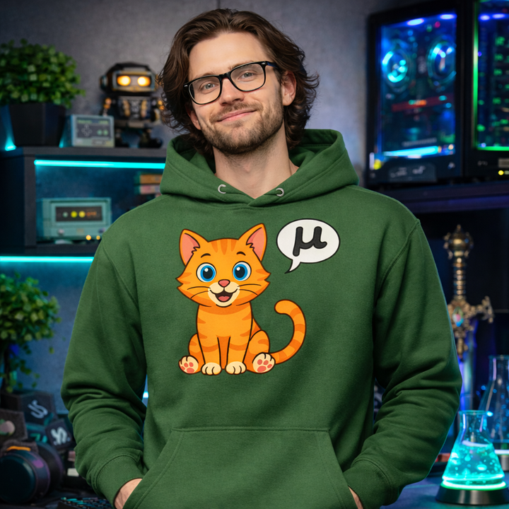 Smiling male model wearing a forest green hoodie featuring the μ Kitty orange tabby design in a neon-lit geek gaming room.