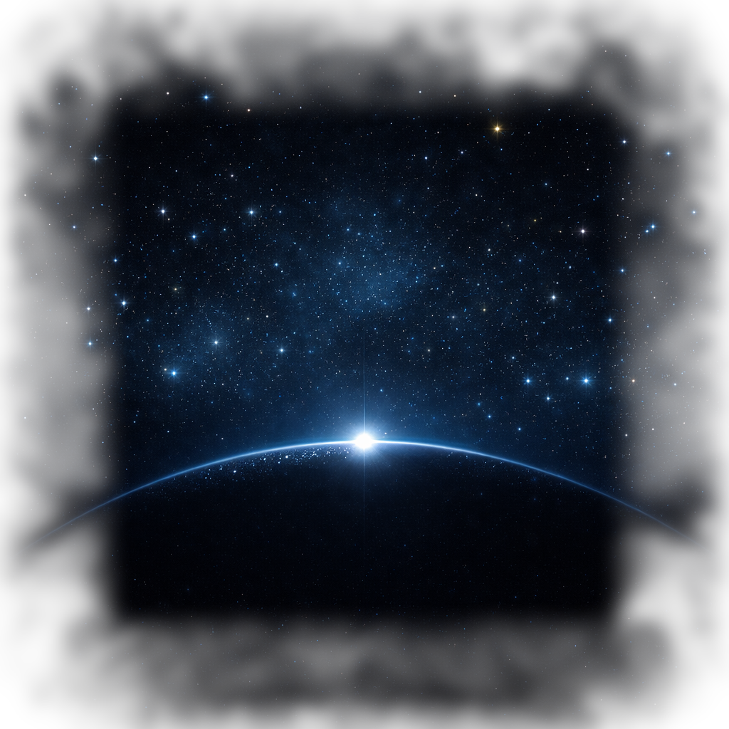 A distant planetary horizon with a thin blue-white crest of light breaking over it, set against a deep cosmic starfield — a singular moment suspended in time.