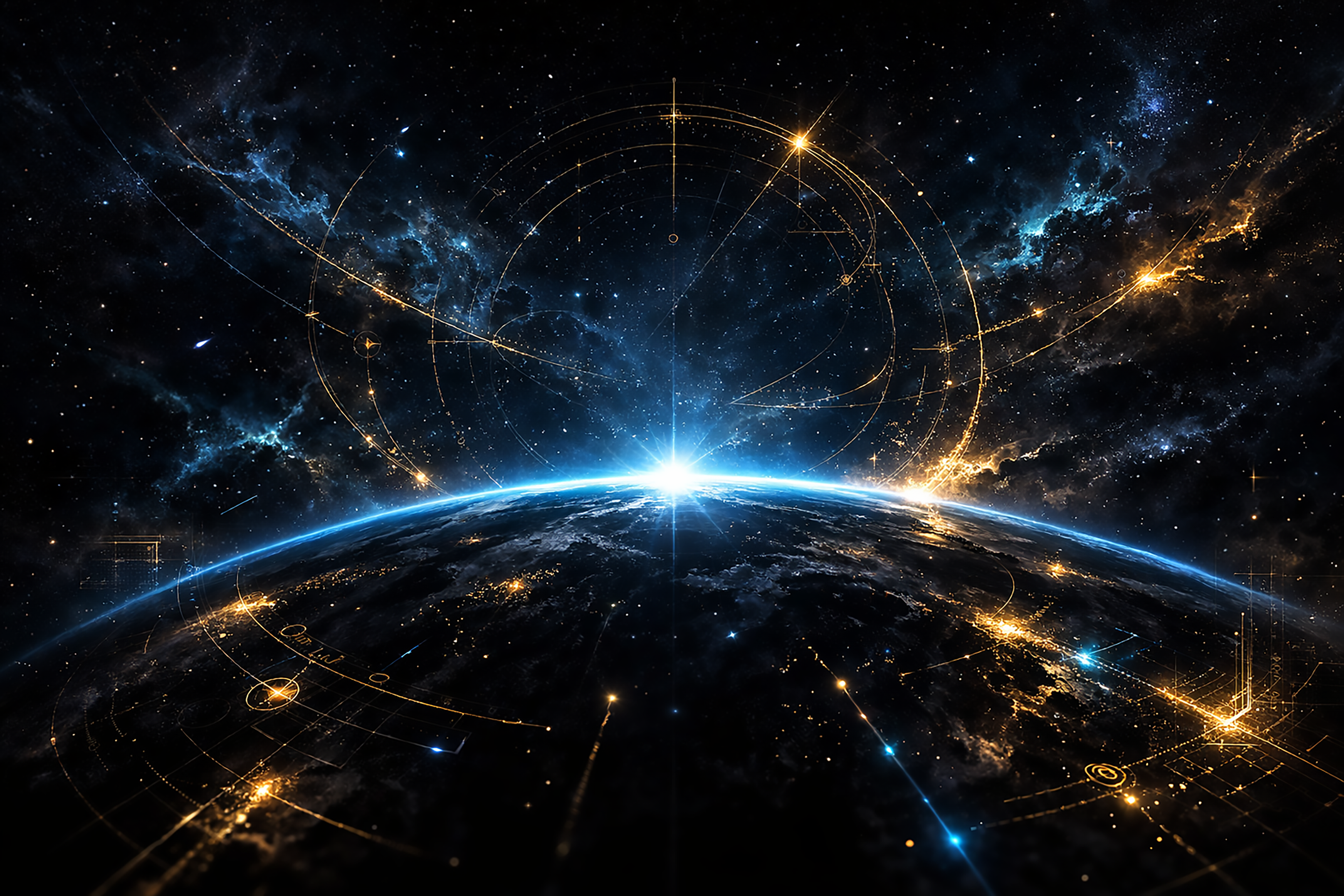 A cinematic cosmic scene showing a glowing horizon of a planet against a deep blue starfield, accented with subtle gold filigree lines suggesting the passage of time.