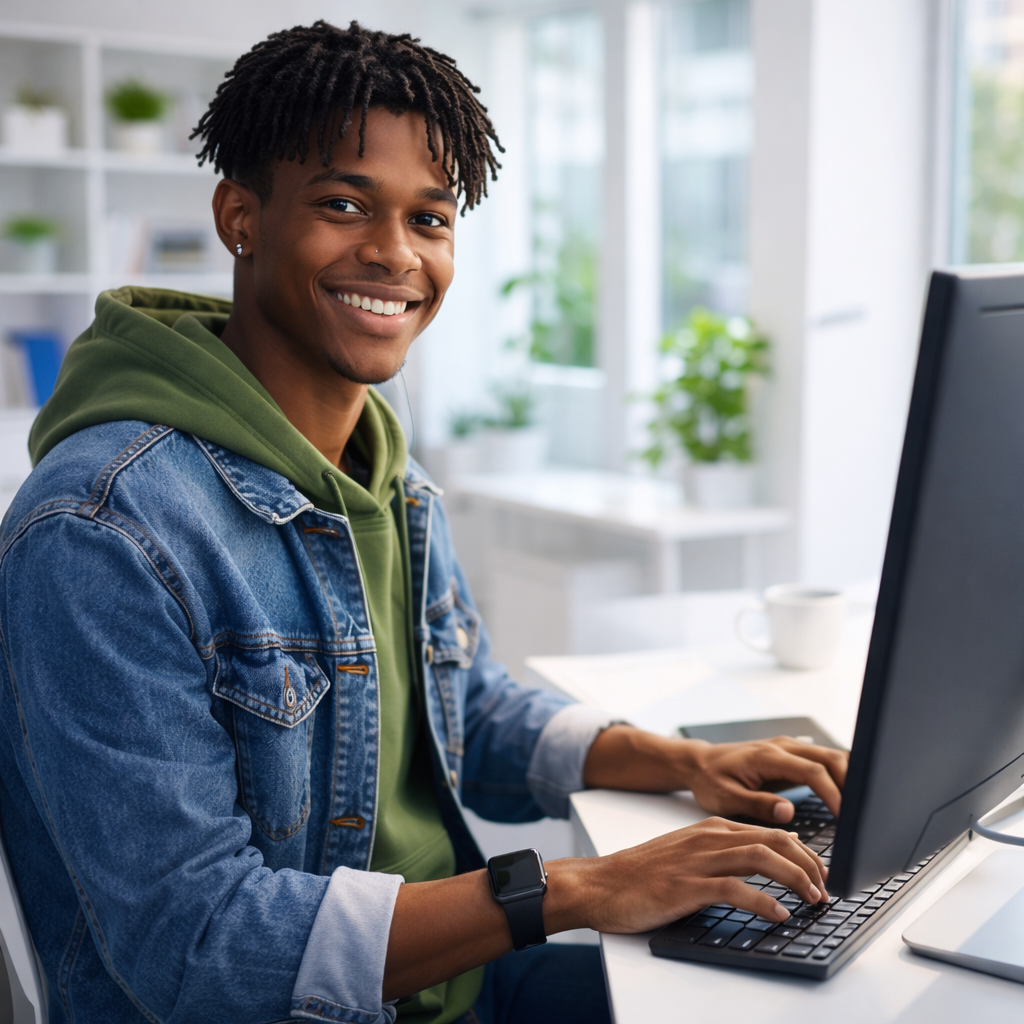 A smiling young creator in a bright, modern workspace turns toward the camera while working at a desktop computer.