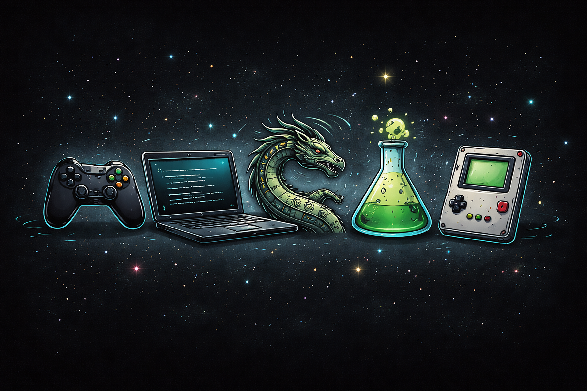 Illustration showing five geek culture icons on a starry background: a game controller, a laptop with code, a fantasy dragon, a glowing science flask, and a retro handheld game console, representing gaming, coding, fantasy, science, and retro tech.