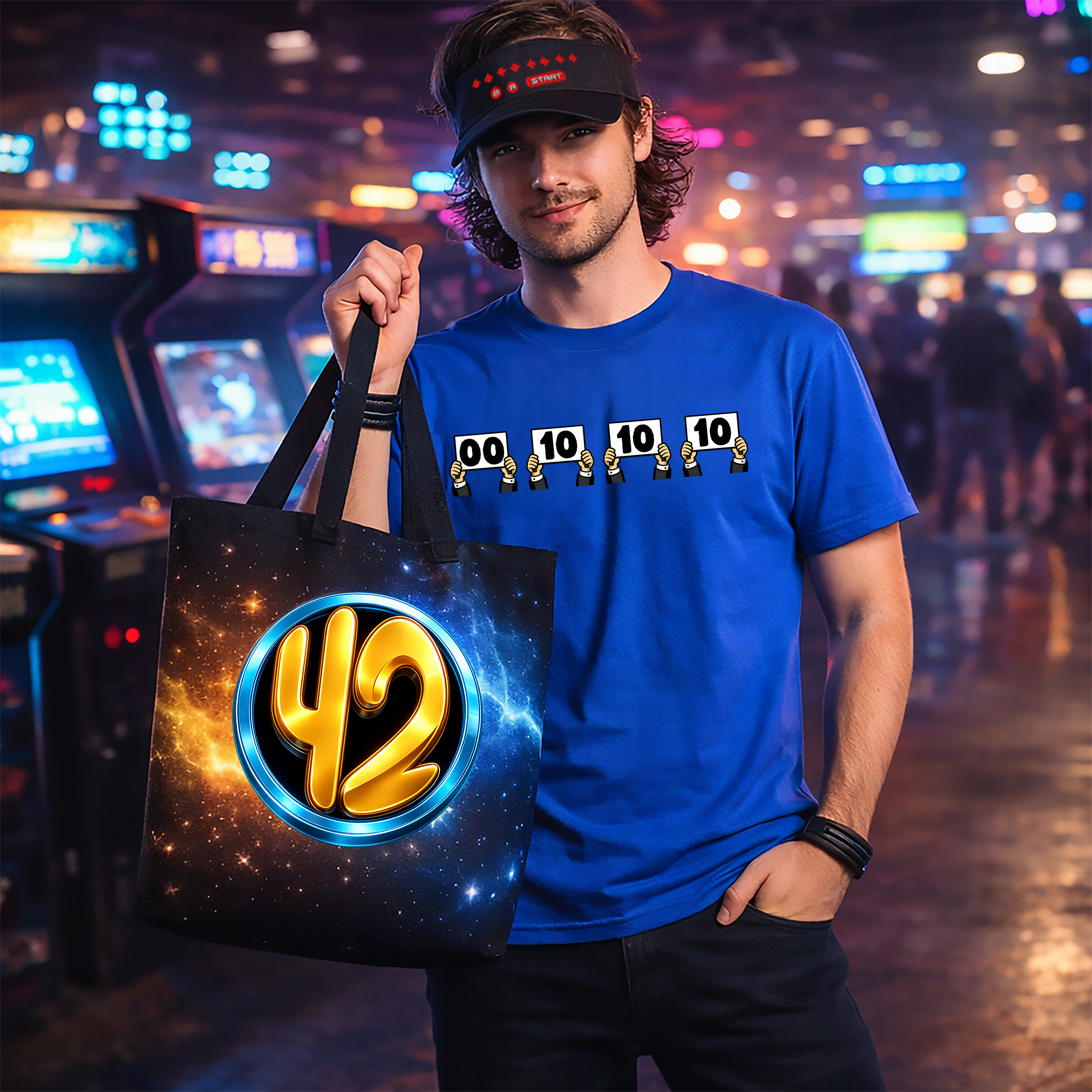 A young man in a neon-lit arcade wearing a black visor embroidered with the Konami Code, a royal blue geek scorecard t-shirt, and holding a galaxy-themed “42” tote bag — a bold multi-product showcase encouraging fans to show their style.