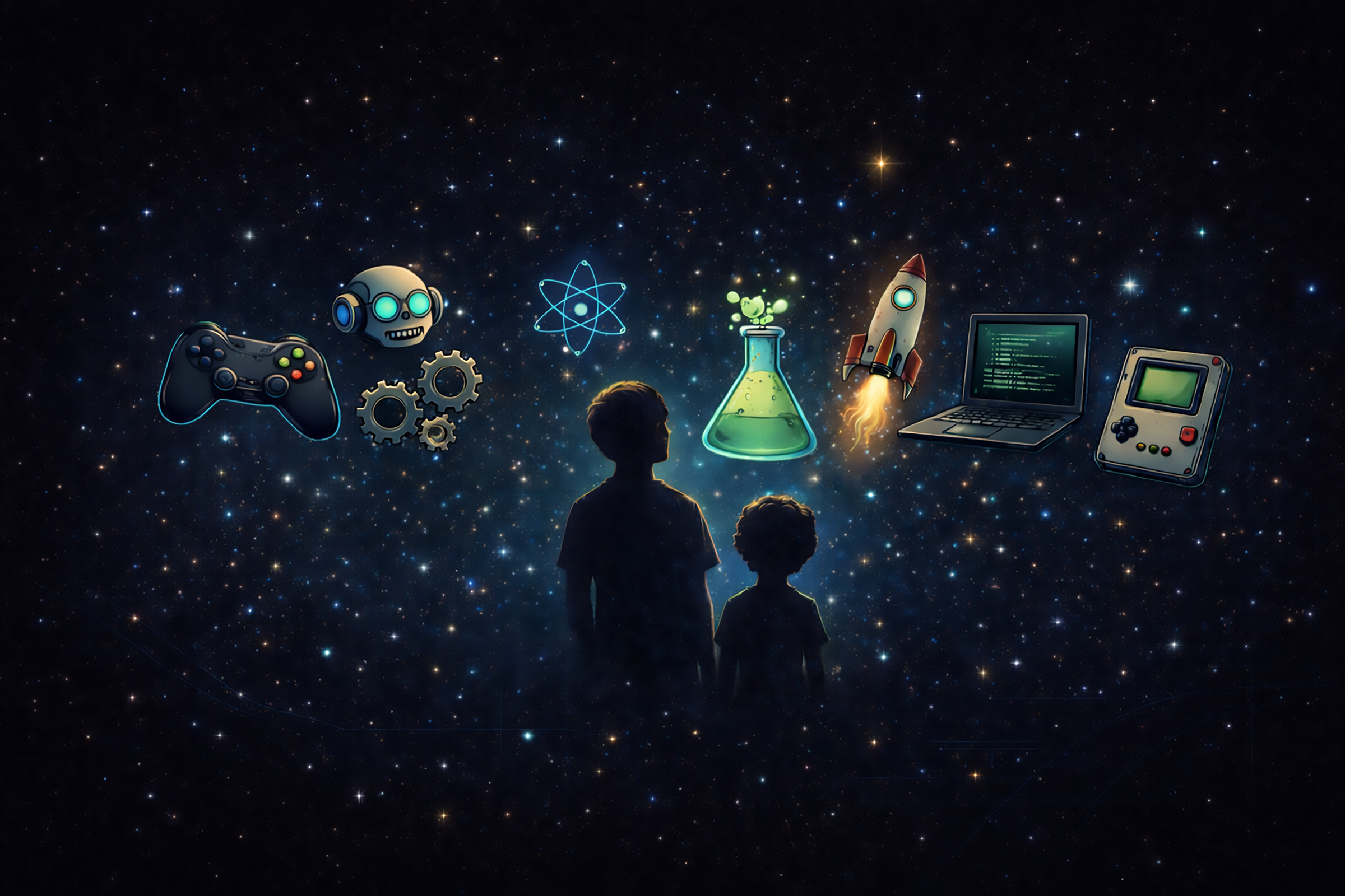 Two silhouetted kids stand beneath a glowing starfield filled with floating symbols of geek culture — gaming controllers, a robot head, atomic symbol, engineering gears, science flask, rocket, coding laptop, and retro handheld — representing curiosity, creativity, and every kind of geek finding their place.