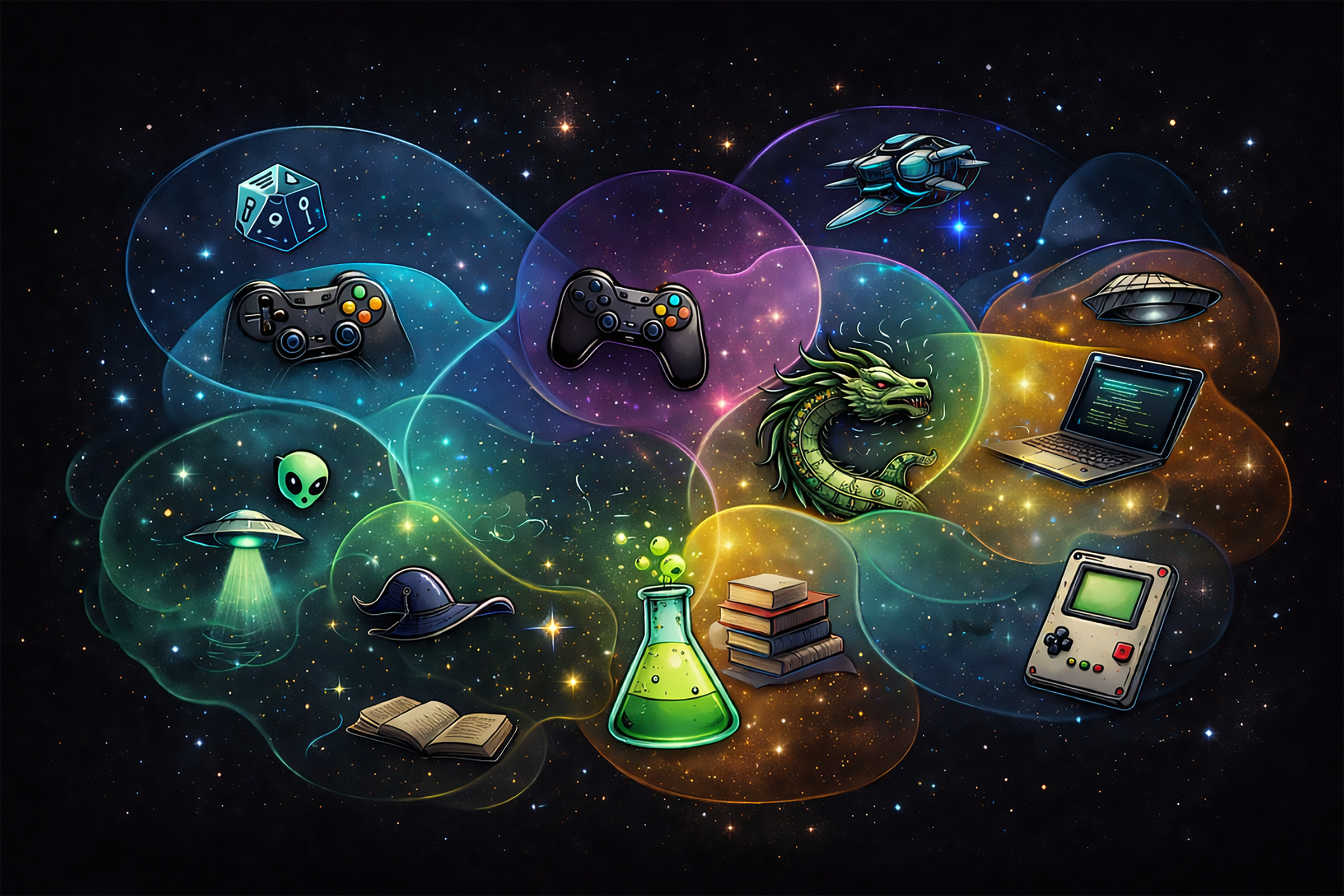 Illustration of overlapping colorful bubbles containing gaming, fantasy, sci-fi, STEM, and geek icons—controllers, a dragon, aliens, books, a laptop, dice, and science tools—floating together on a starry background
