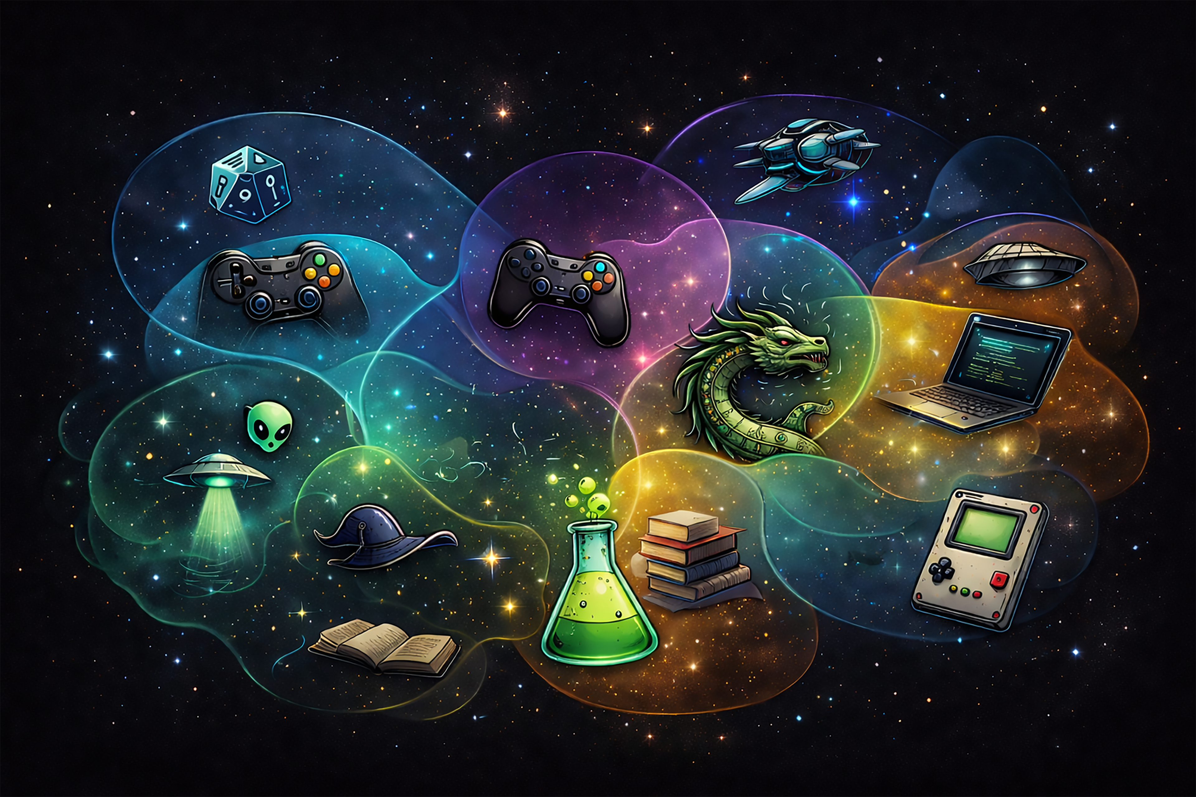 Illustration of overlapping colorful bubbles containing gaming, fantasy, sci-fi, STEM, and geek icons—controllers, a dragon, aliens, books, a laptop, dice, and science tools—floating together on a starry background