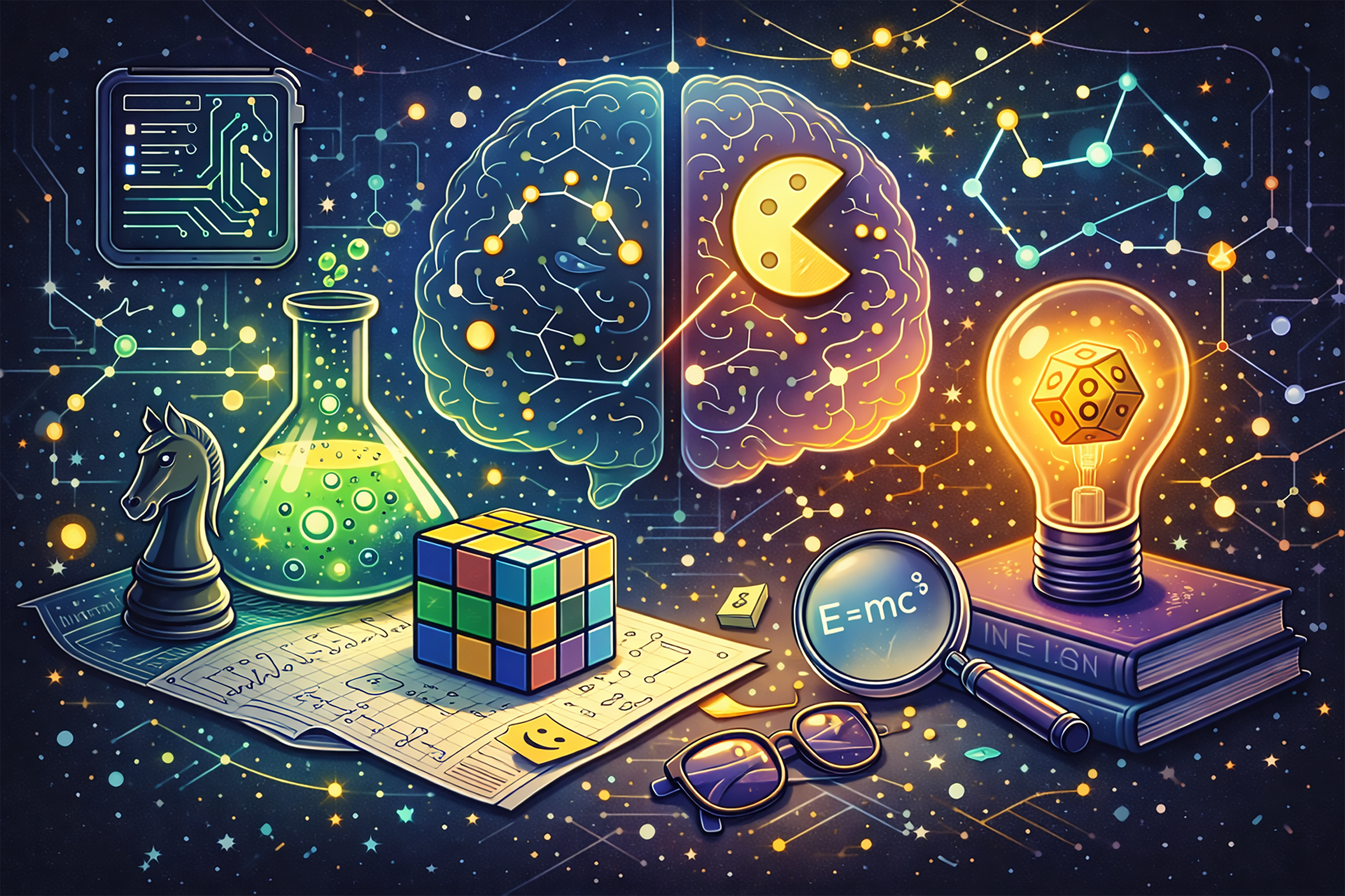 Colorful illustration combining science, gaming, and geek symbols, including a brain with a Pac-Man bite, a chemistry flask, a chess knight, a Rubik’s Cube, equations, a D20 inside a light bulb, and scattered nerdy icons on a starry background