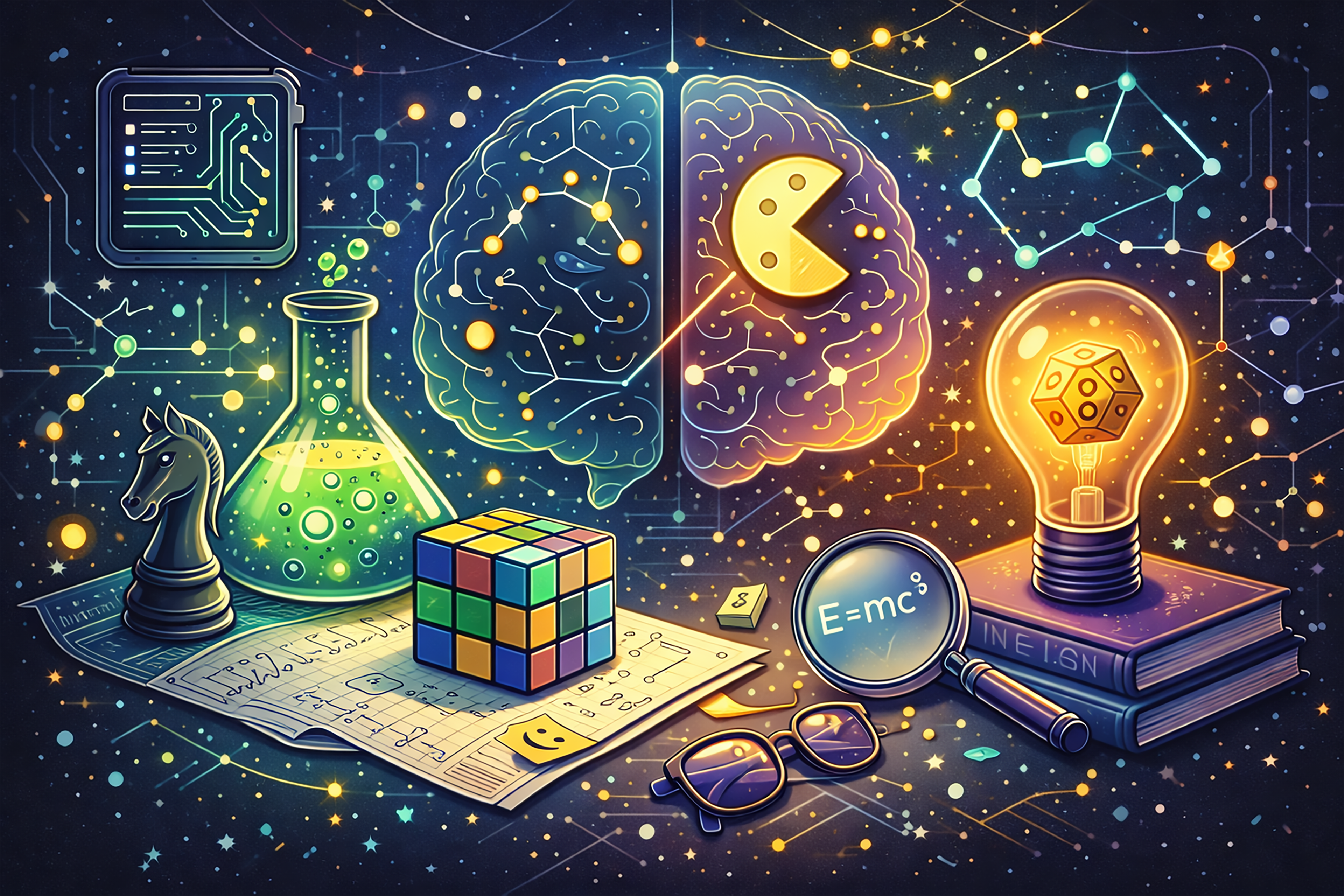 Colorful illustration combining science, gaming, and geek symbols, including a brain with a Pac-Man bite, a chemistry flask, a chess knight, a Rubik’s Cube, equations, a D20 inside a light bulb, and scattered nerdy icons on a starry background
