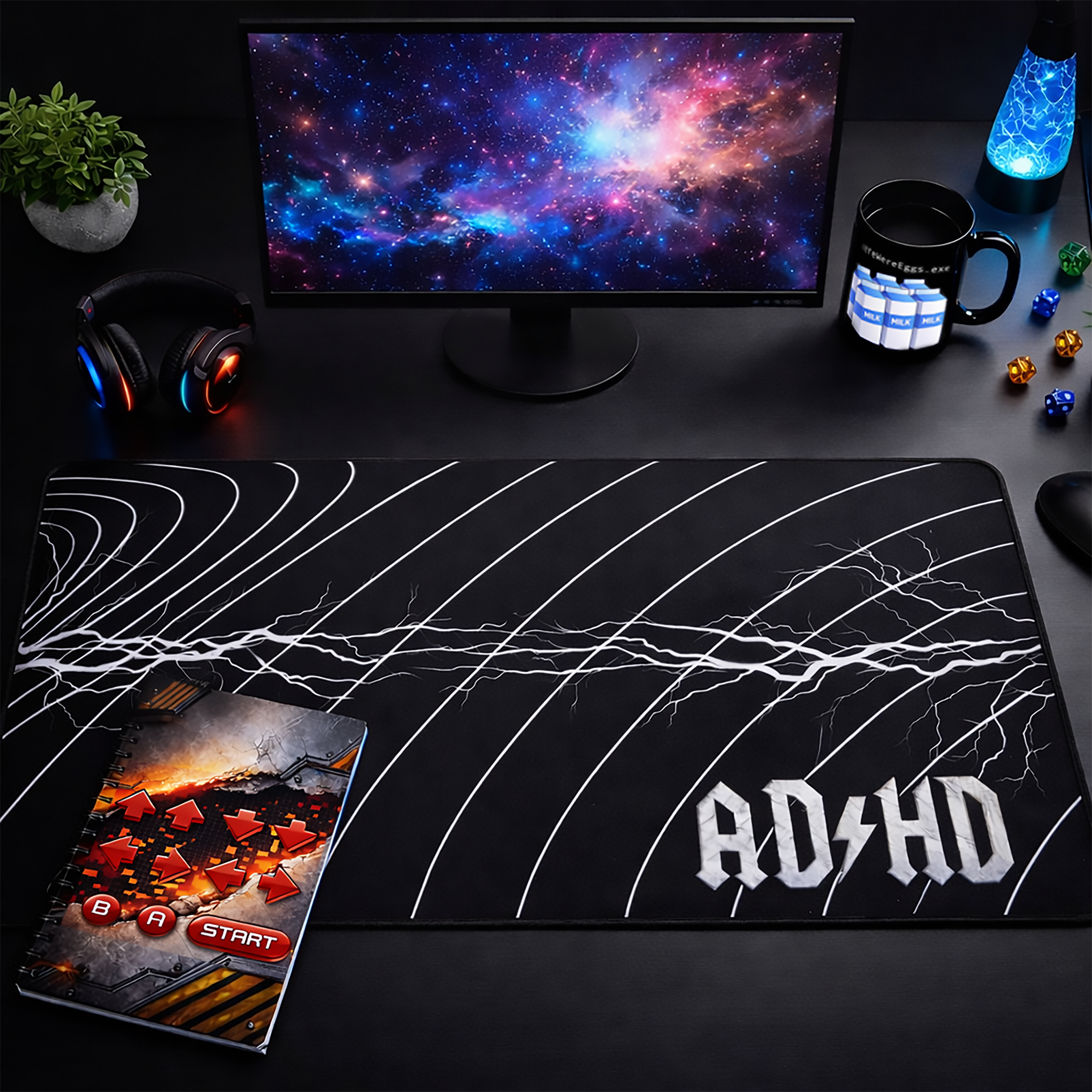 A high-contrast geek workspace setup featuring the AD/HD lightning desk mat, a retro cheat-code spiral notebook, and a black “therewereEggs.exe” mug with milk cartons, arranged beneath a clean LCD monitor for the ultimate coder-meets-gamer desk vibe.
