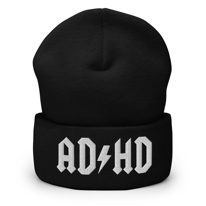 Black cuffed beanie embroidered with the AD-HD lightning bolt design in white, inspired by classic rock iconography and high-voltage energy.