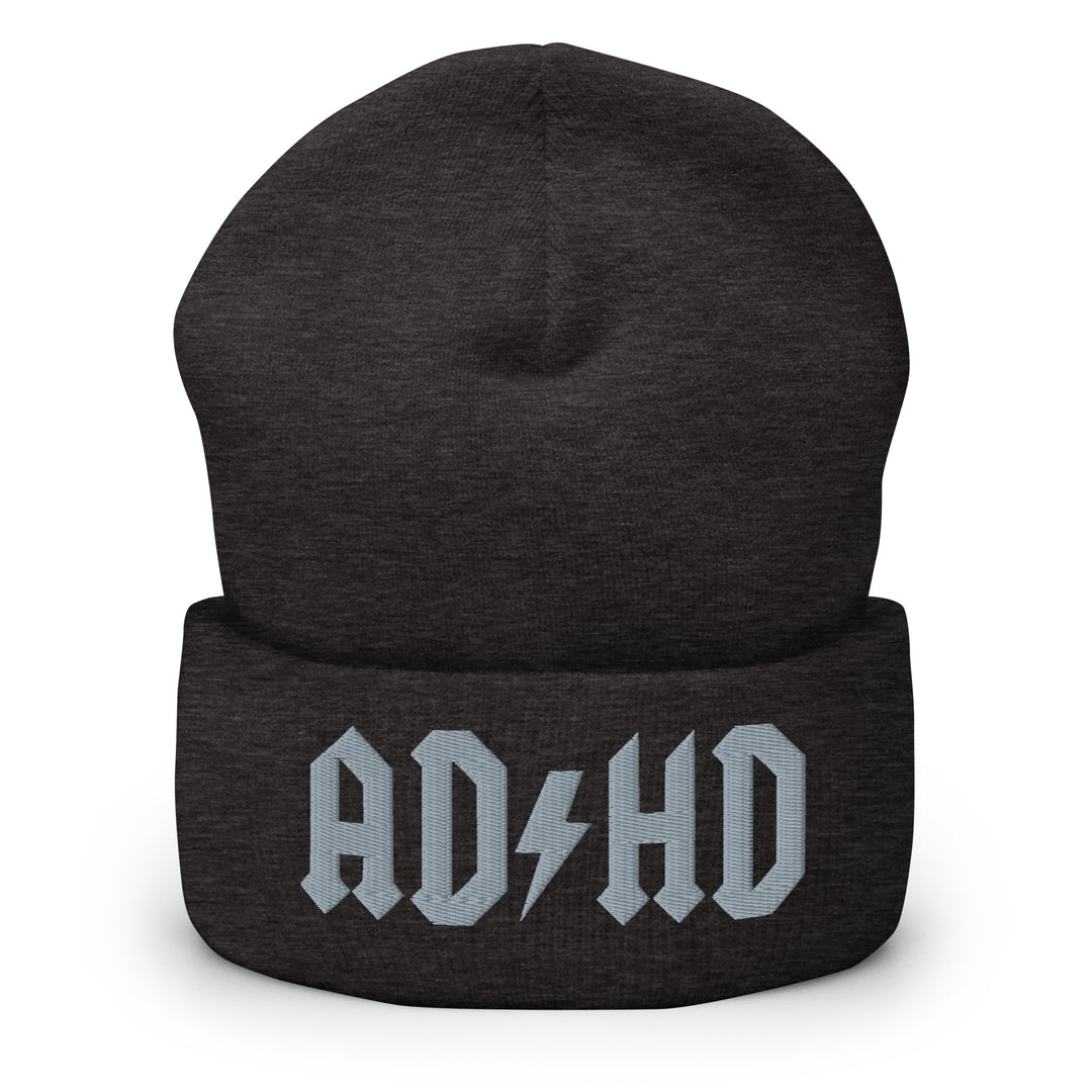 Charcoal cuffed beanie embroidered with the AD-HD lightning bolt design in silver, inspired by classic rock iconography and high-voltage energy.