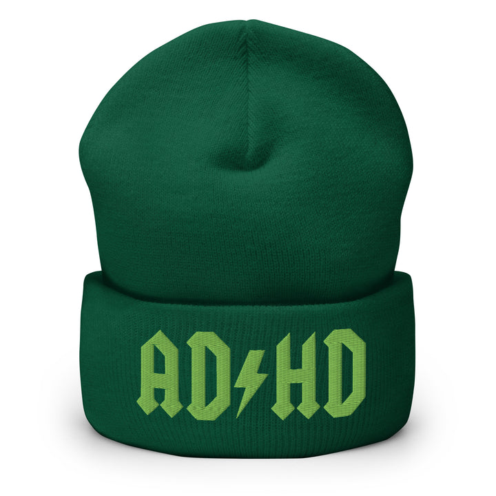 Green cuffed beanie embroidered with the AD-HD lightning bolt design in green, inspired by classic rock iconography and high-voltage energy.