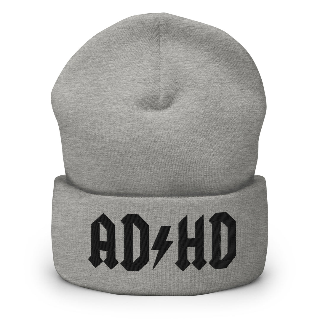 Grey cuffed beanie embroidered with the AD-HD lightning bolt design in black, inspired by classic rock iconography and high-voltage energy.