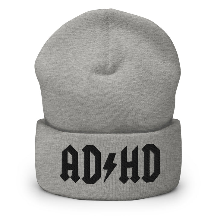 Grey cuffed beanie embroidered with the AD-HD lightning bolt design in black, inspired by classic rock iconography and high-voltage energy.
