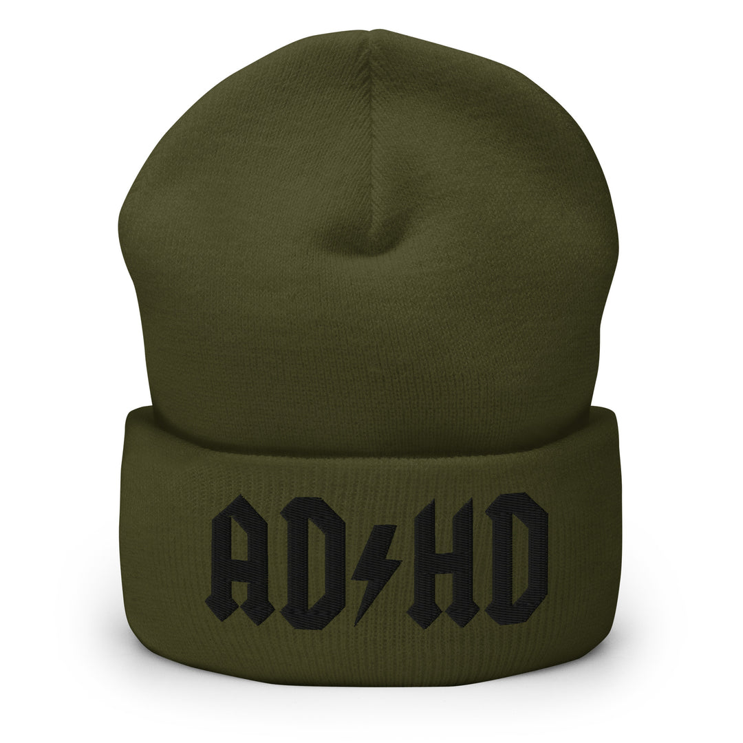 Olive drab cuffed beanie embroidered with the AD-HD lightning bolt design in black, inspired by classic rock iconography and high-voltage energy.