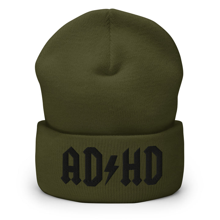 Olive drab cuffed beanie embroidered with the AD-HD lightning bolt design in black, inspired by classic rock iconography and high-voltage energy.