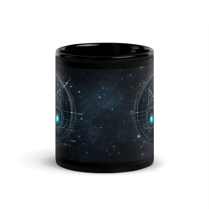 11 oz black glossy ceramic coffee mug showing full wrap Astral Felid cosmic cat design printed on both sides — glowing teal celestial blueprint artwork.