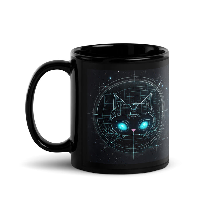11 oz black glossy ceramic coffee mug with Astral Felid cosmic cat design, handle on left — glowing teal celestial blueprint cat on starry background.