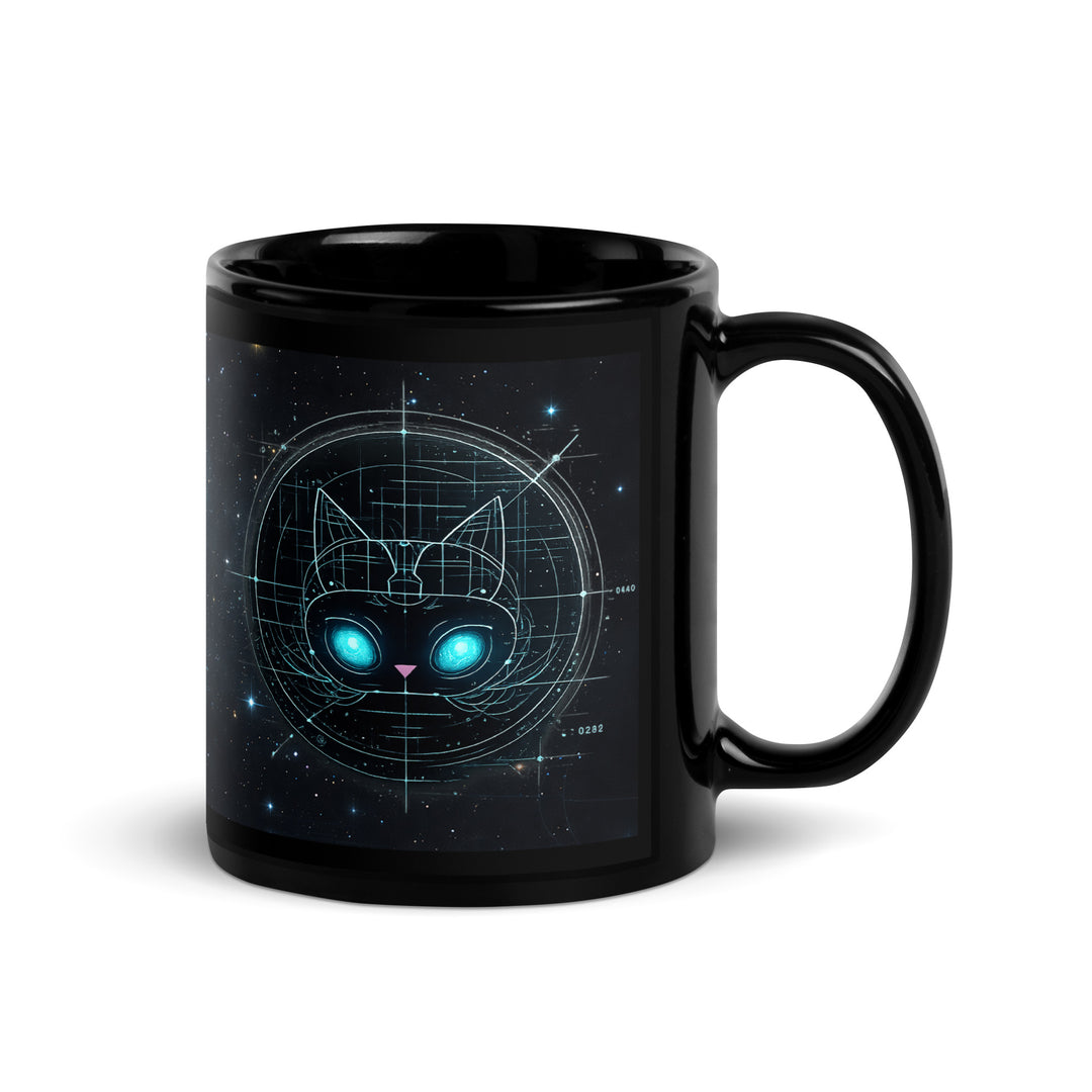11 oz black glossy ceramic coffee mug with Astral Felid cosmic cat design, handle on right — glowing teal celestial blueprint cat on starry background.