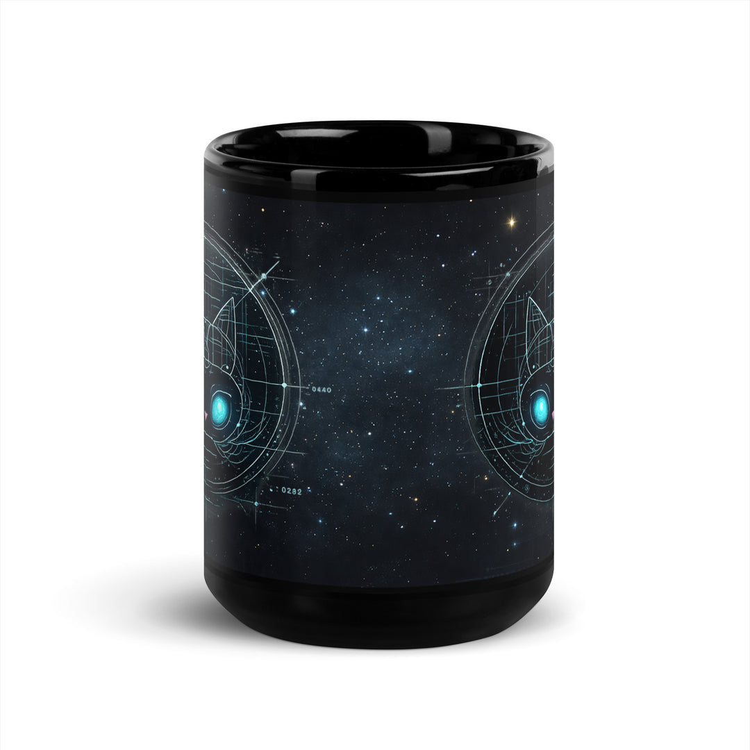 15 oz black glossy ceramic coffee mug showing full wrap Astral Felid cosmic cat design printed on both sides — luminous teal eyes and cosmic drafting-style line art.