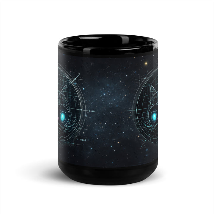 15 oz black glossy ceramic coffee mug showing full wrap Astral Felid cosmic cat design printed on both sides — luminous teal eyes and cosmic drafting-style line art.