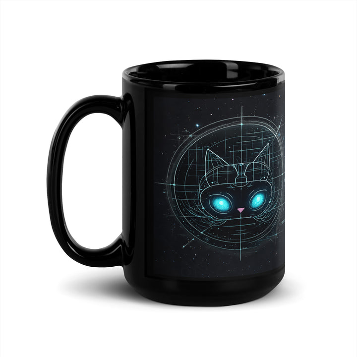 15 oz black glossy ceramic coffee mug with Astral Felid cosmic cat design, handle on left — glowing teal celestial blueprint cat on starry background.