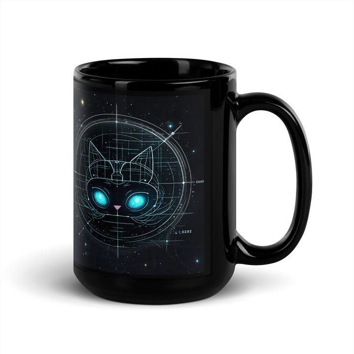15 oz black glossy ceramic coffee mug with Astral Felid cosmic cat design, handle on right — glowing teal celestial blueprint cat on starry background.