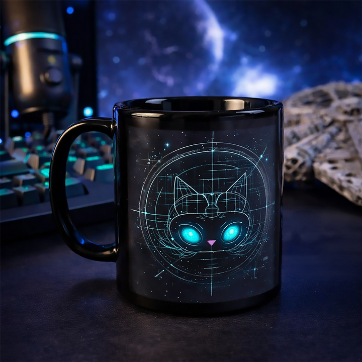 Black glossy ceramic coffee mug with Astral Felid cosmic cat design on a sci-fi themed desk setup with mechanical keyboard, microphone, and model spaceship.