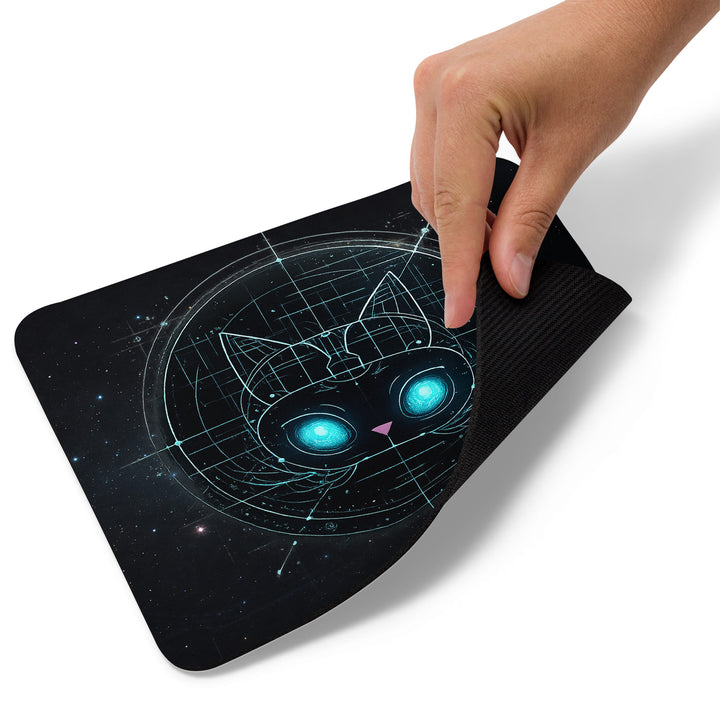 Close-up of the Astral Felid mousepad being lifted to show flexible construction and textured rubber backing.
