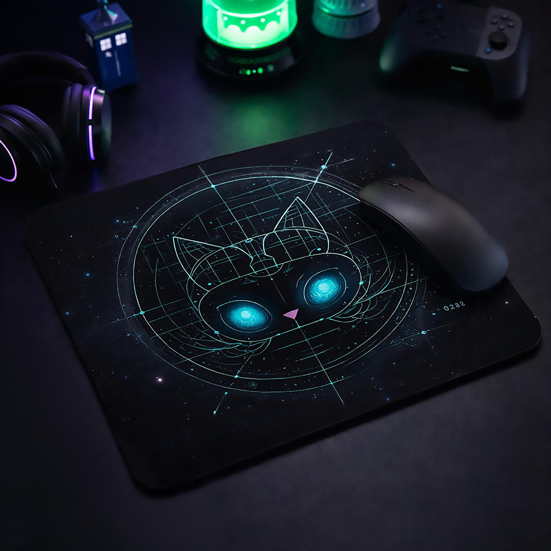 Astral Felid sci-fi cyber cat mousepad on a dark gamer desk with mechanical keyboard, headphones, and glowing LED lighting.