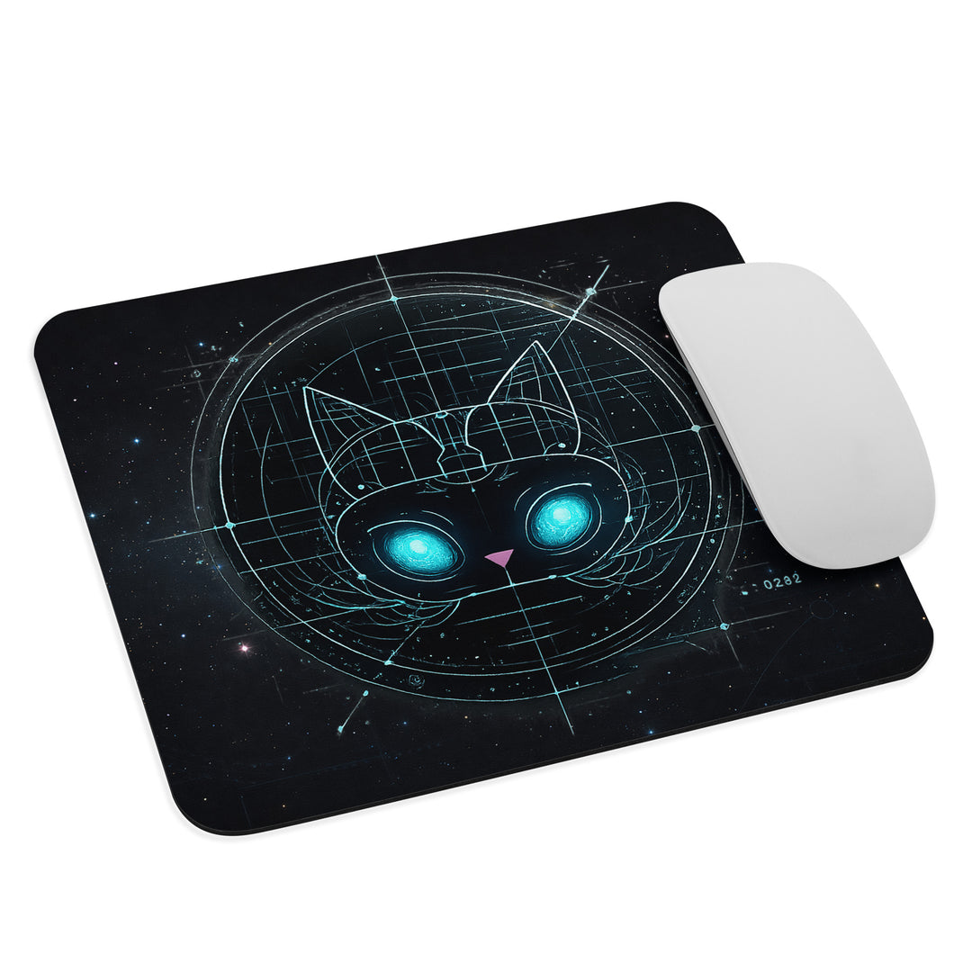 Slanted view of the Astral Felid mousepad featuring a glowing cyber cat design with a wireless mouse placed on top for scale.
