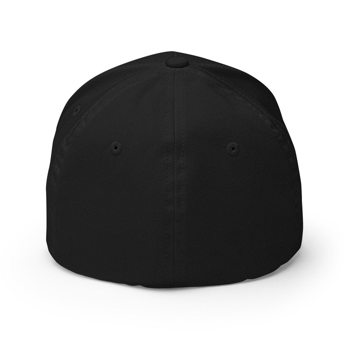Back view of Code 42 embroidered Flexfit cap in black with green binary 0010 1010 design