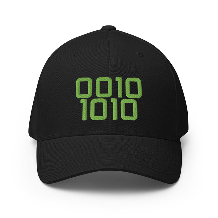 Code 42 embroidered Flexfit cap in black with green binary 0010 1010 design